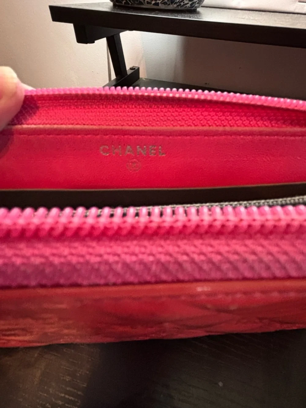 Authentic Chanel Lucky Symbols Embossed Patent Leather Long Zippy Wallet – Coral